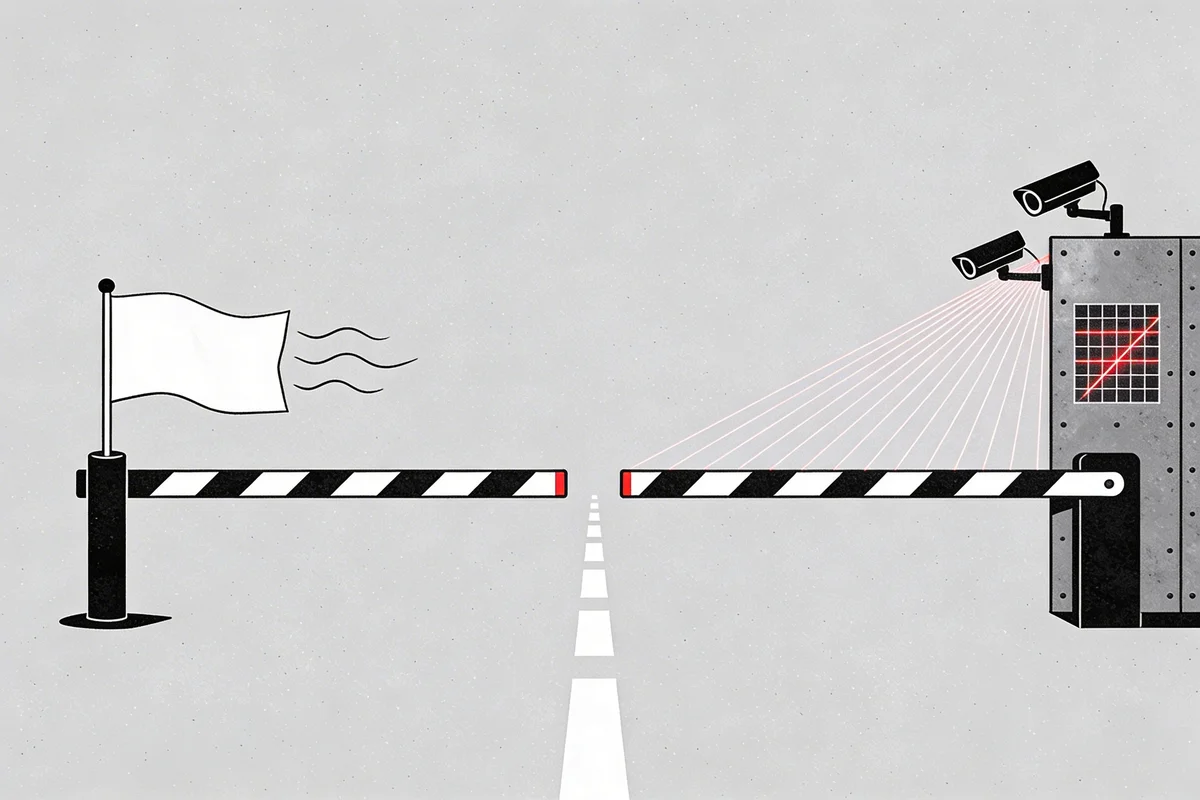 Illustration comparing a flimsy paper sign barrier versus a solid steel wall with security cameras