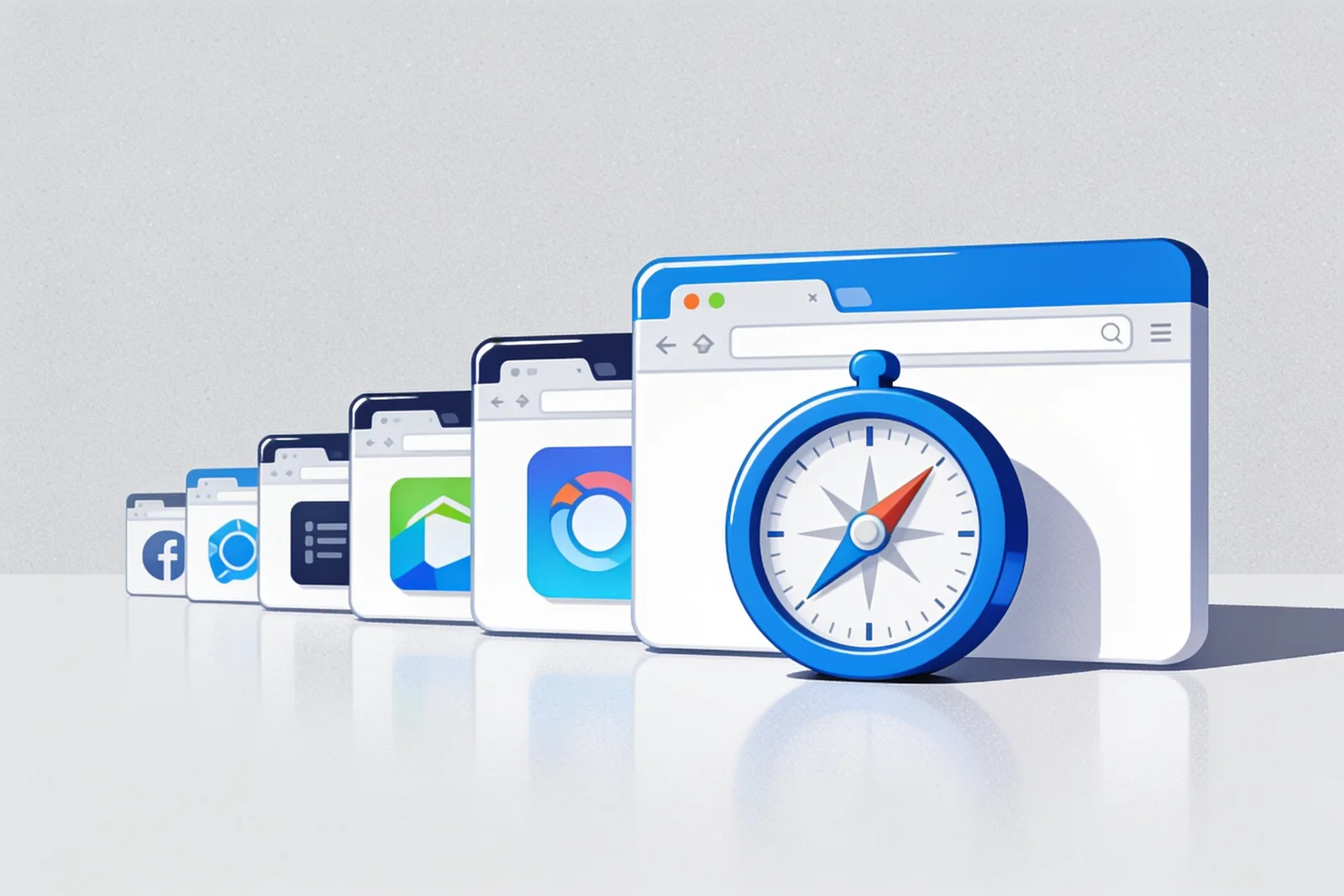 Row of web browser app icons with the blue Safari compass icon standing in second place