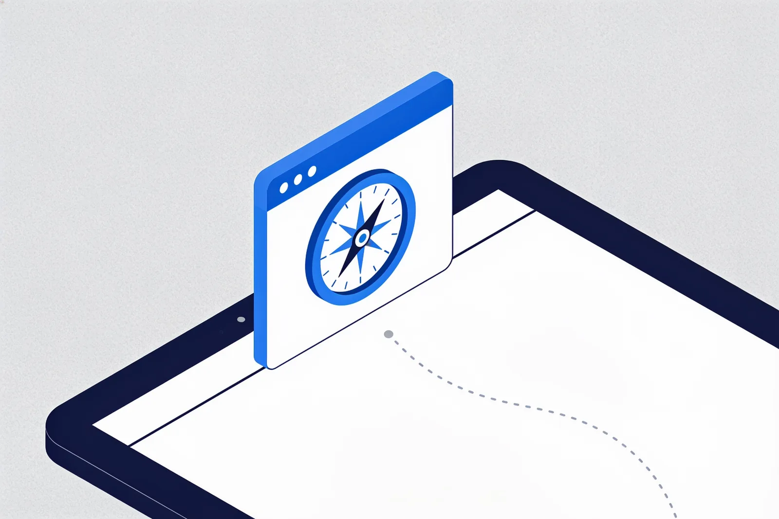 Safari compass icon sliding down a gently declining line on a tablet screen