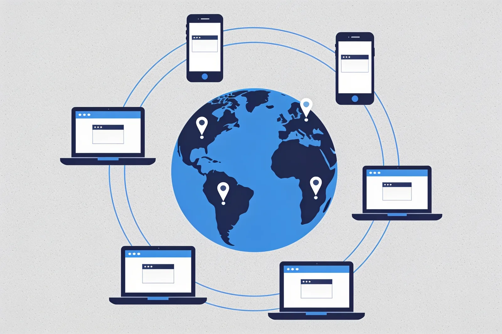 Globe ringed by smartphones and laptops showing browser windows with regional map pins