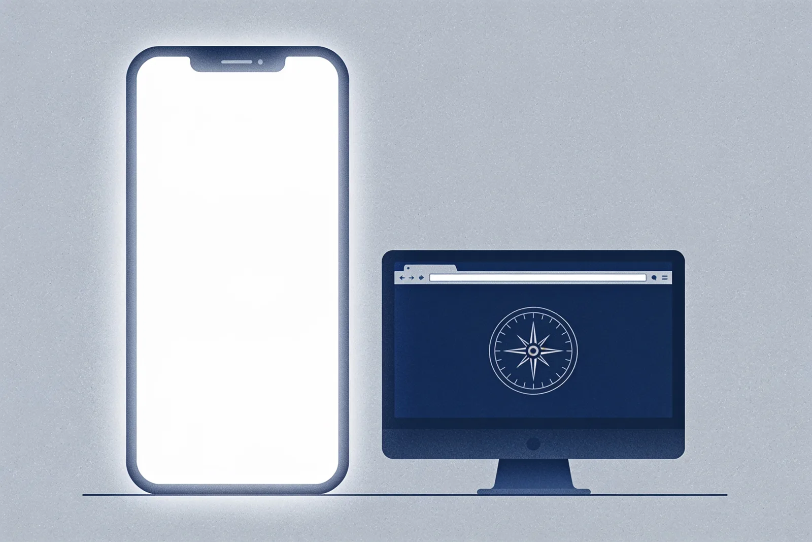 Bright smartphone beside a dimmed desktop monitor, both showing a browser window