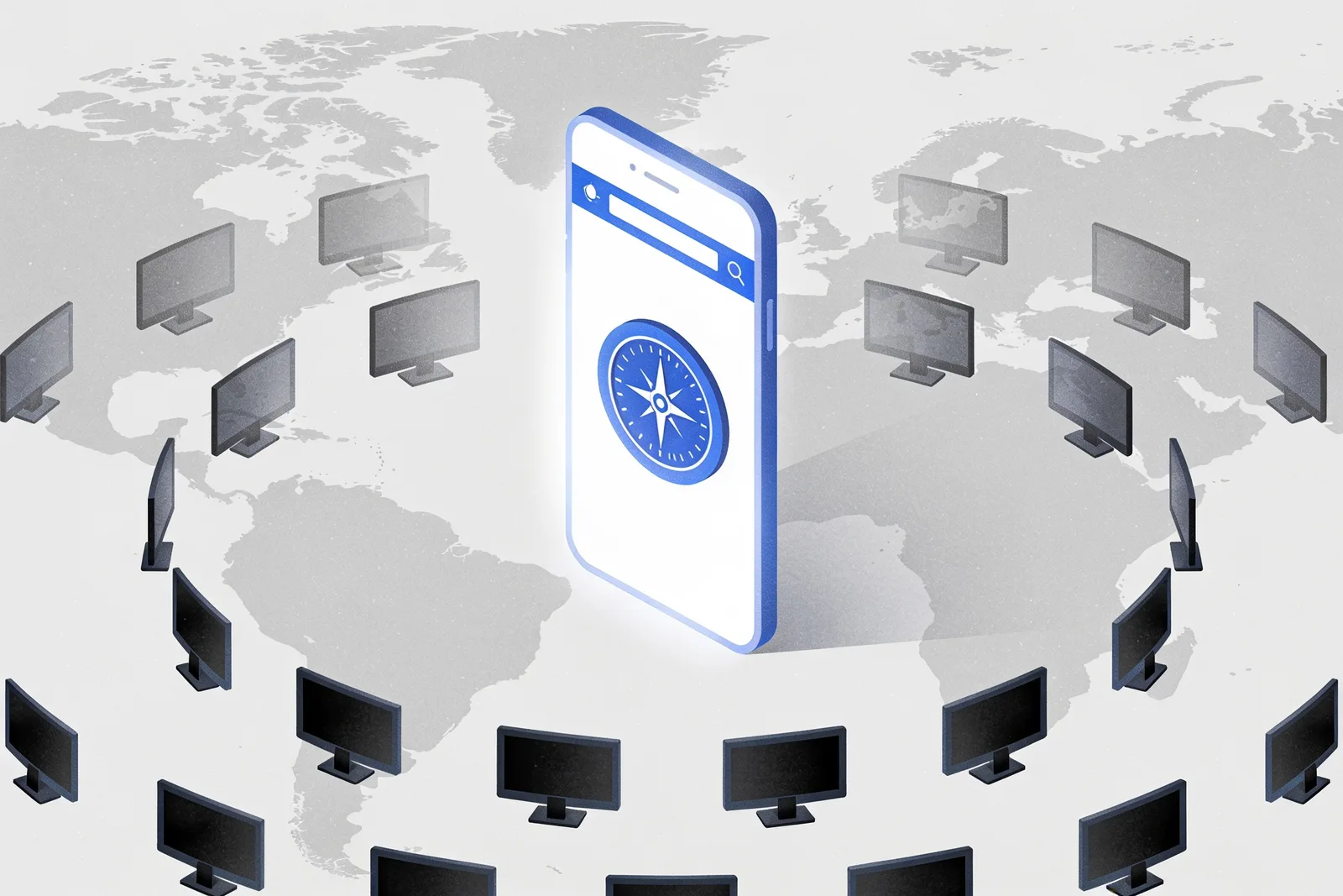 A bright smartphone showing the Safari compass icon at the center of a world map, ringed by dimmed desktop monitors
