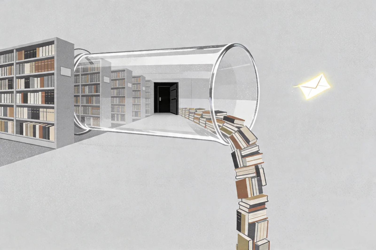 Transparent funnel pouring books from a library into a distant vault while a single glowing envelope floats back in return
