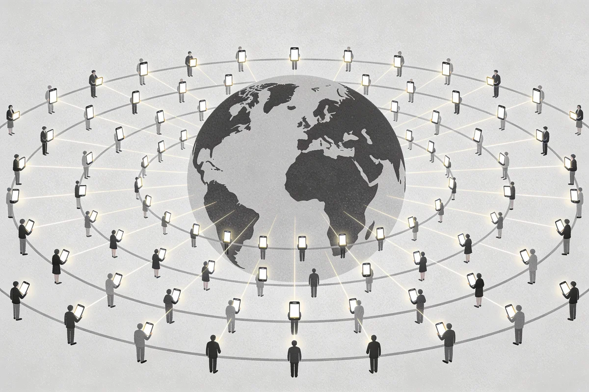 A globe ringed by orbits of tiny people holding glowing phones, illustrating the 5.4 billion-strong global social media audience