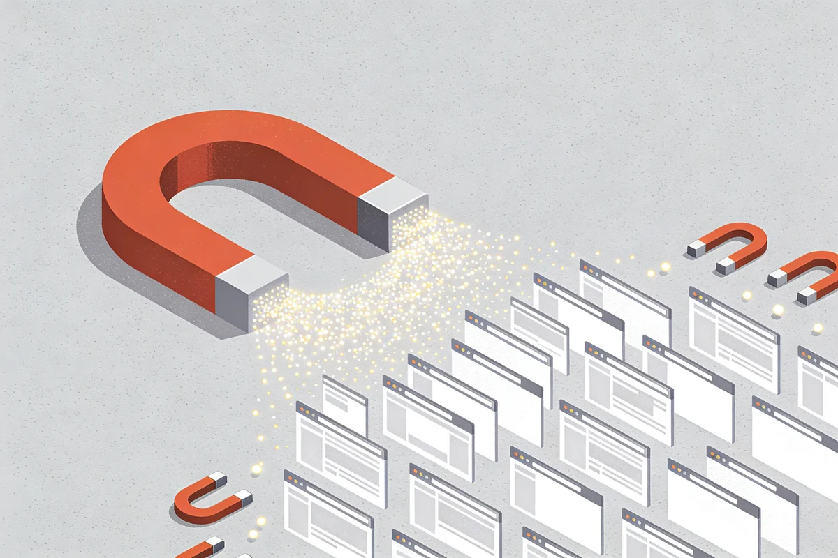 A large magnet pulling glowing tracking dots off a field of website windows, illustrating how Meta's pixel concentrates social ad measurement
