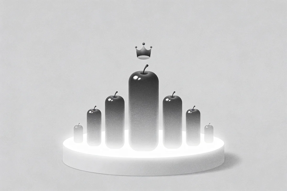 Abstract towers of different heights on a podium with the tallest crowned, illustrating social platform market dominance