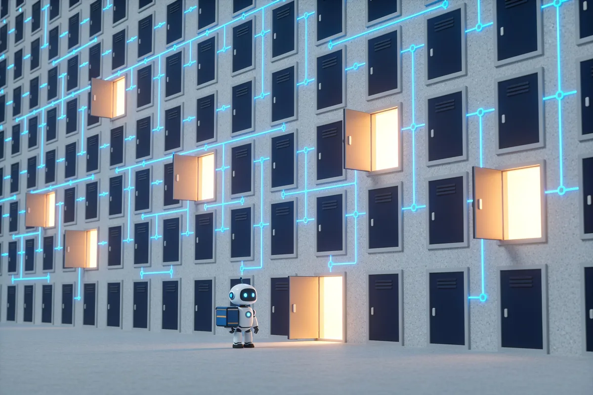 A small friendly crawler robot standing before a wall of many doors, several glowing open and connected by blue circuit lines, illustrating polite large-scale web crawling across 50M+ domains through a rotating proxy pool
