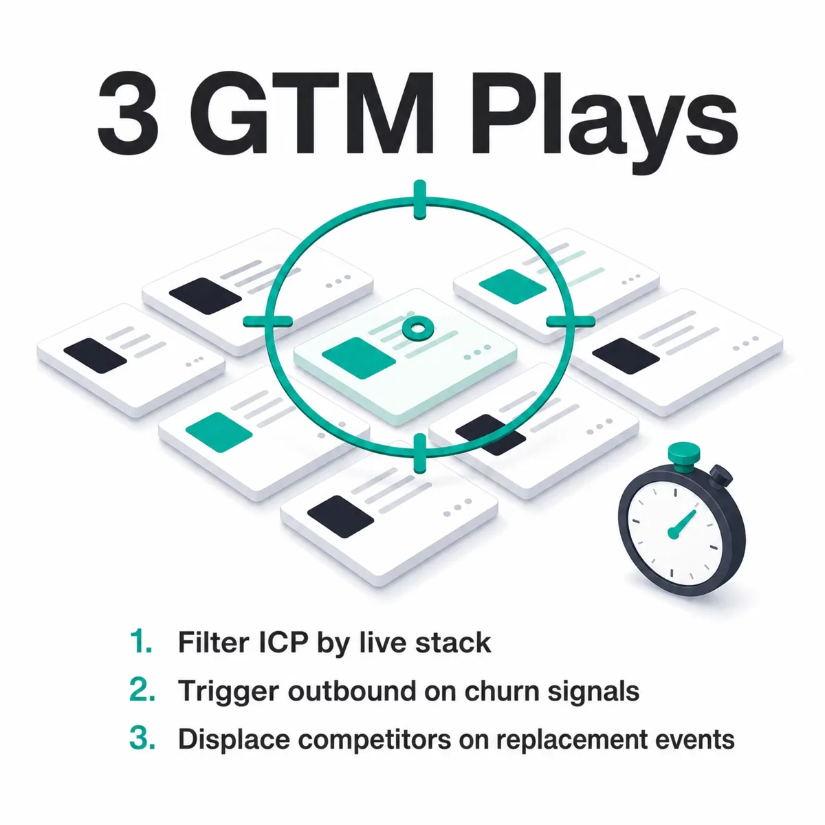 Three go-to-market plays for technology detection data: filter your ICP by live stack, trigger outbound on churn signals, and displace competitors on replacement events