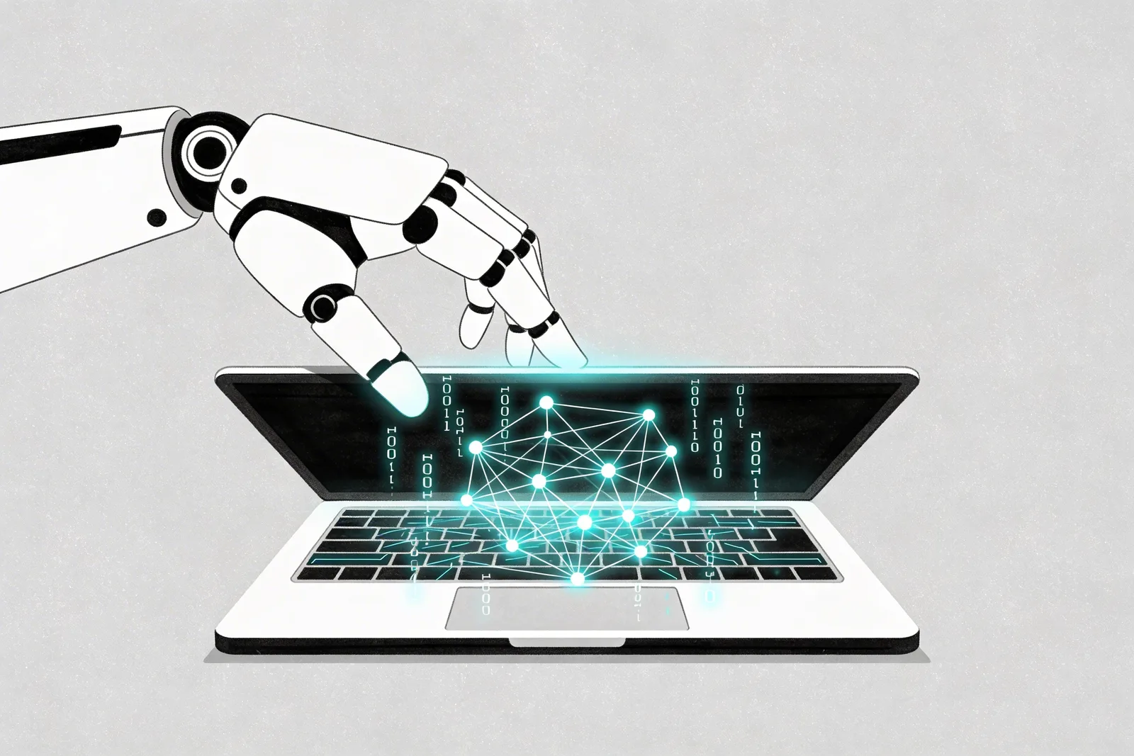 Robotic hand touching a laptop screen revealing a glowing neural network pattern with floating code symbols