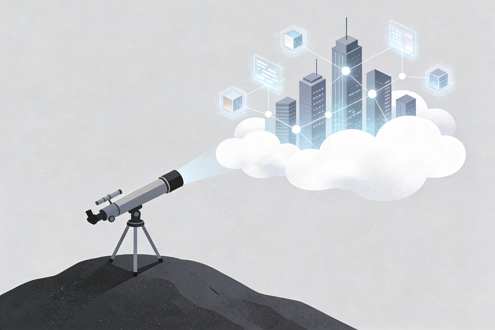 Telescope on a hilltop pointing toward a futuristic city skyline made of floating holographic data cubes and connected nodes in the clouds