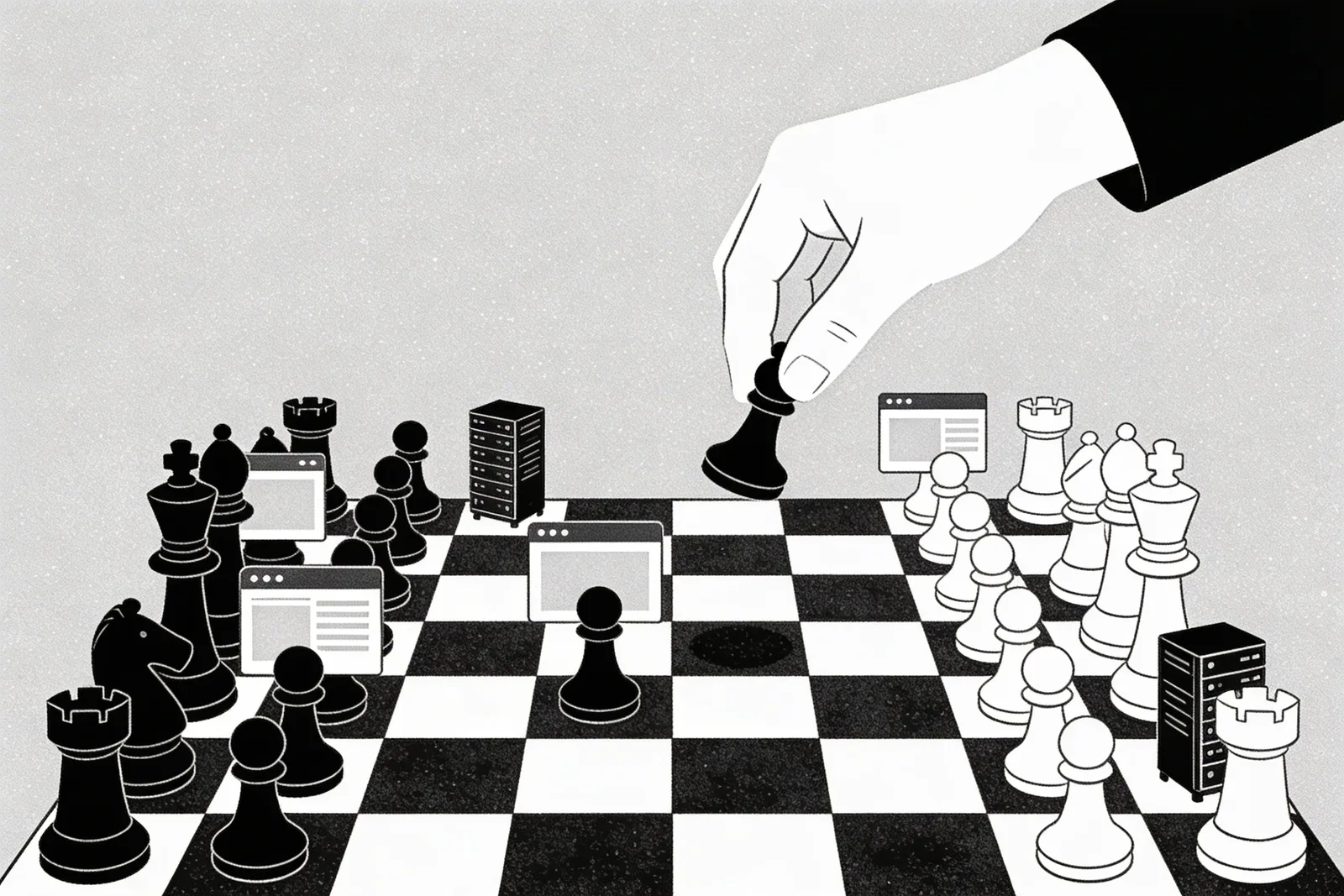Chess board with browser windows and server racks as pieces with a hand strategically moving one piece forward