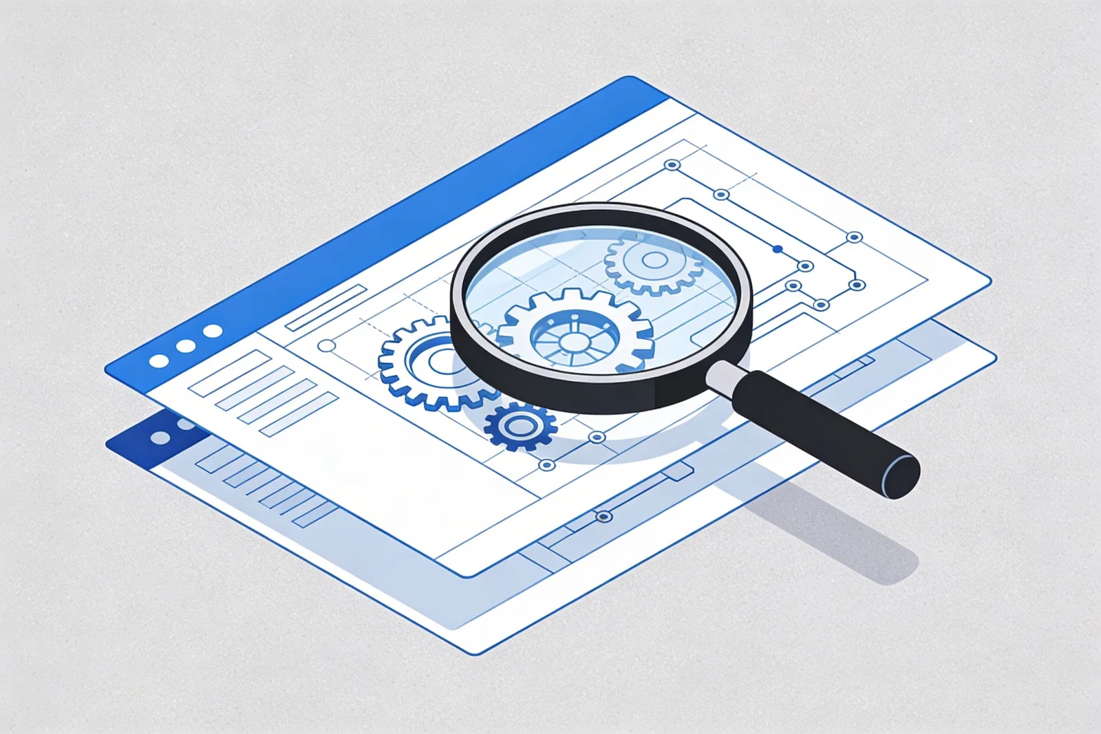 Magnifying glass hovering over layered website blueprints revealing hidden gears and circuit patterns beneath the surface