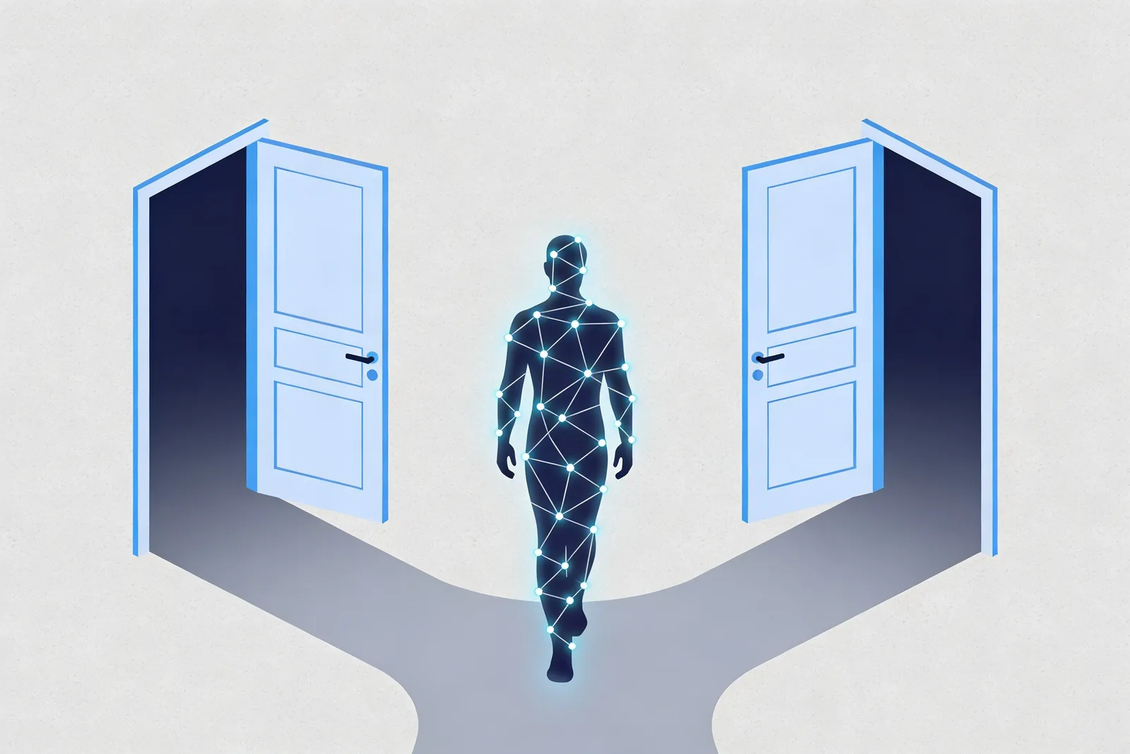 Conceptual illustration of an agentic AI figure made of interconnected nodes walking independently between open doors, representing the shift from prompt-based to autonomous AI