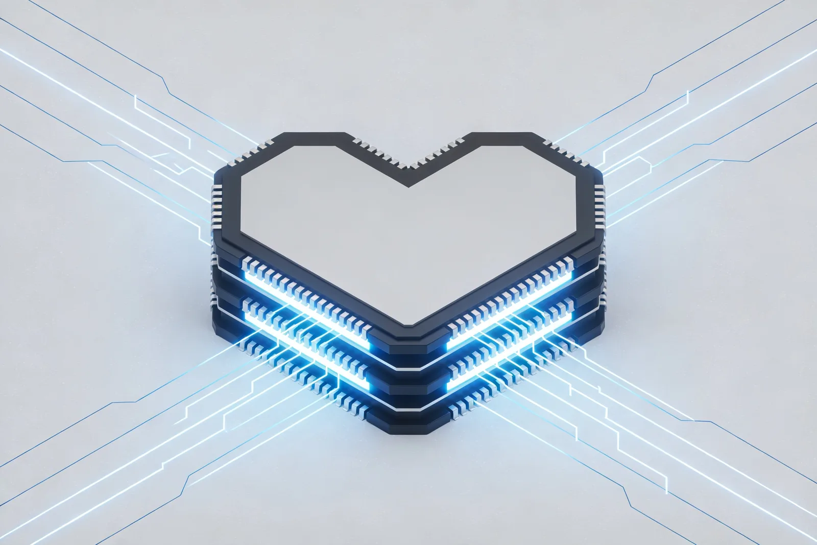 Conceptual illustration of a heart shape made of stacked semiconductor memory chips with glowing data streams flowing through layered silicon, representing high-bandwidth memory as the pulse of AI infrastructure