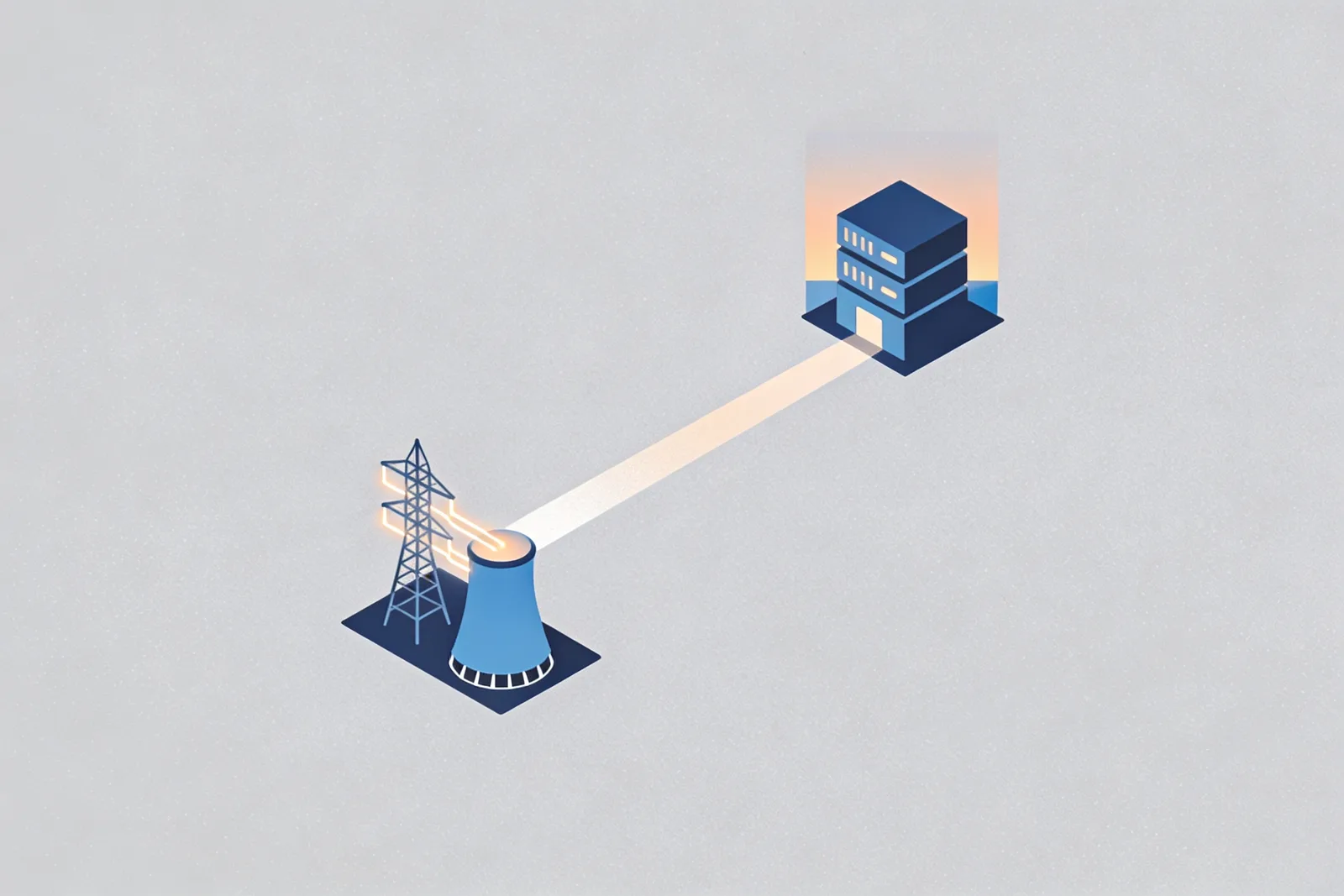 Conceptual illustration of a small modular reactor connected via glowing transmission lines to a data center on the horizon, representing AI-driven nuclear investment