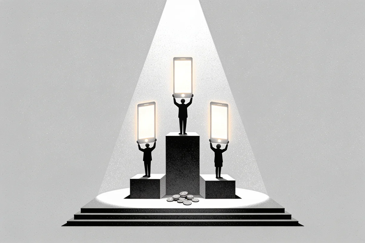 Flat vector illustration of creators on a spotlit podium holding glowing phones above scattered coins, representing the TikTok creator economy