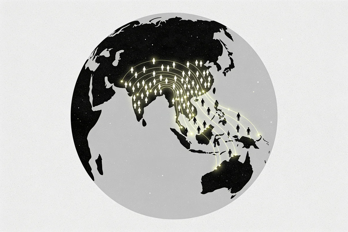 Flat vector illustration of a globe with glowing streams of people flowing across Asia, representing TikTok's global user base