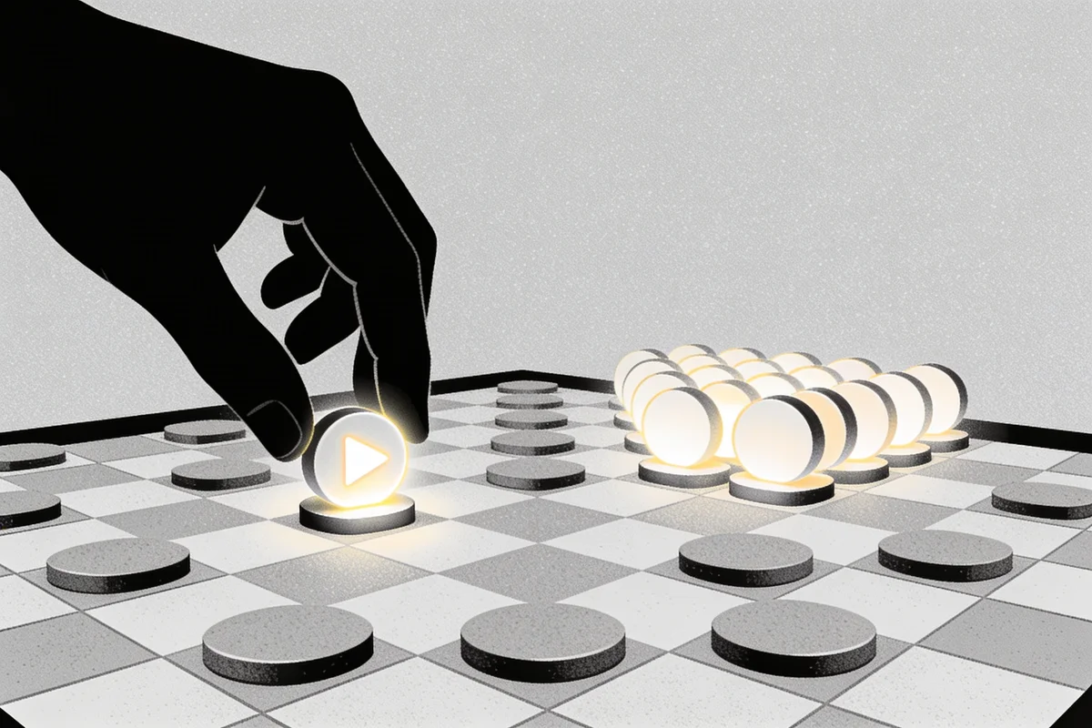 Flat vector illustration of a hand placing a glowing play-button token on a game board apart from a crowded cluster, representing marketers choosing TikTok