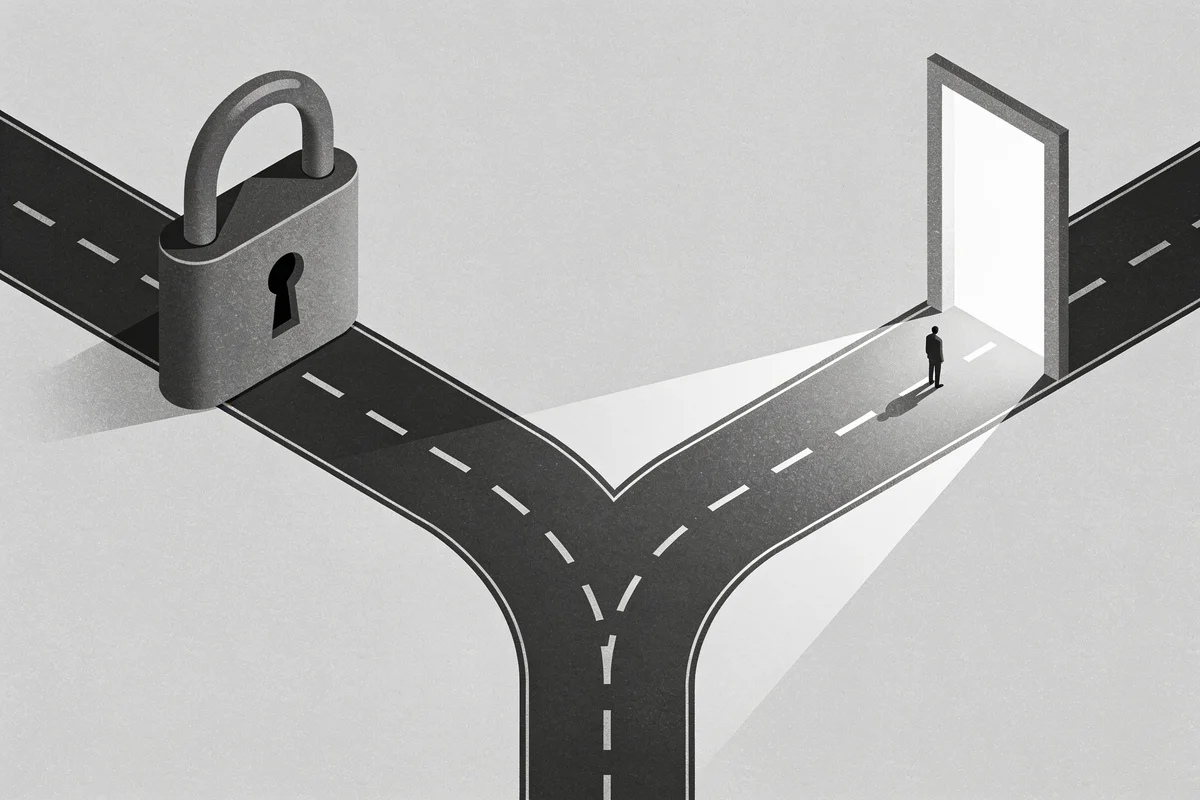 Flat vector illustration of a forked road split between a locked path and an open glowing doorway with a lone figure, representing TikTok's U.S. ban uncertainty