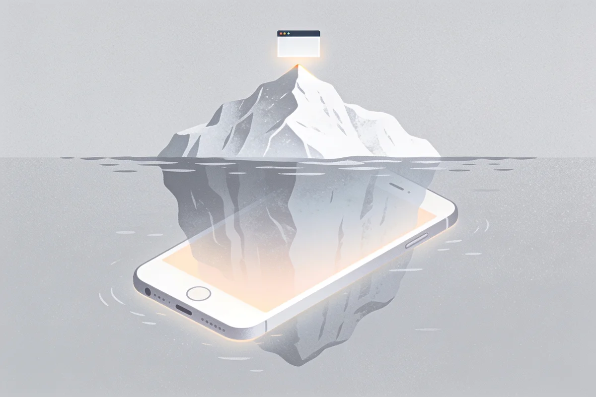 Flat vector illustration of an iceberg with a small browser window on the tip above water and a huge submerged smartphone below, representing TikTok's app-first footprint
