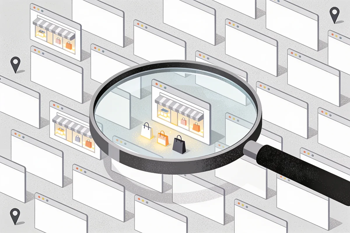 Magnifying glass over a grid of website windows, revealing storefront and shopping-bag icons in a few of them — detecting which businesses embed TikTok on their own sites