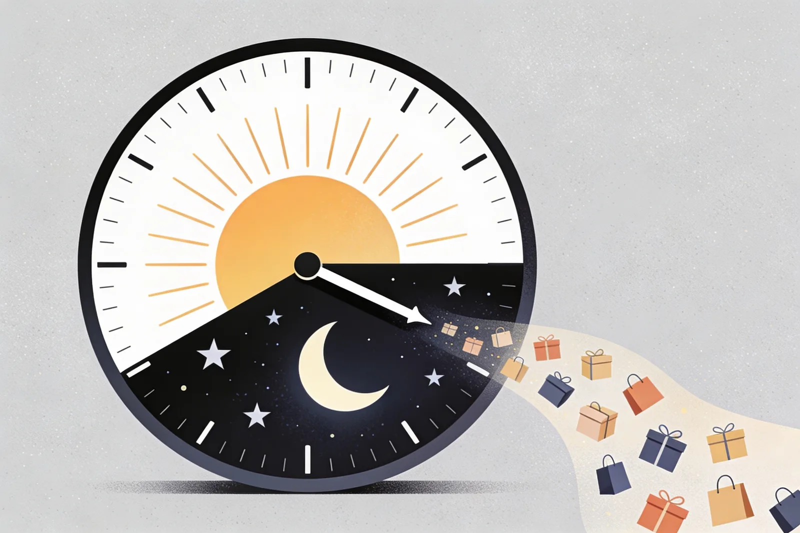 Analog clock face split horizontally into a bright daytime upper half with sun rays and a dark lower half with stars and a crescent moon, a stream of small shopping parcels flowing out of the night side — illustrating how 58.7% of overnight Turkish transactions are e-commerce