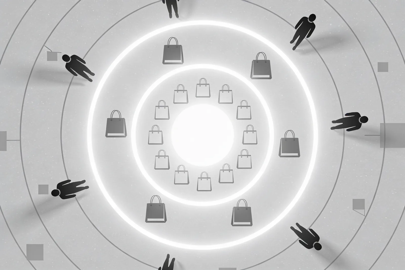 Concentric target with overlapping shopping bag silhouettes at the bullseye, fading geometric outlines in the outer rings — illustrating that the Turkish e-commerce shopper base concentrates tightly around a specific demographic