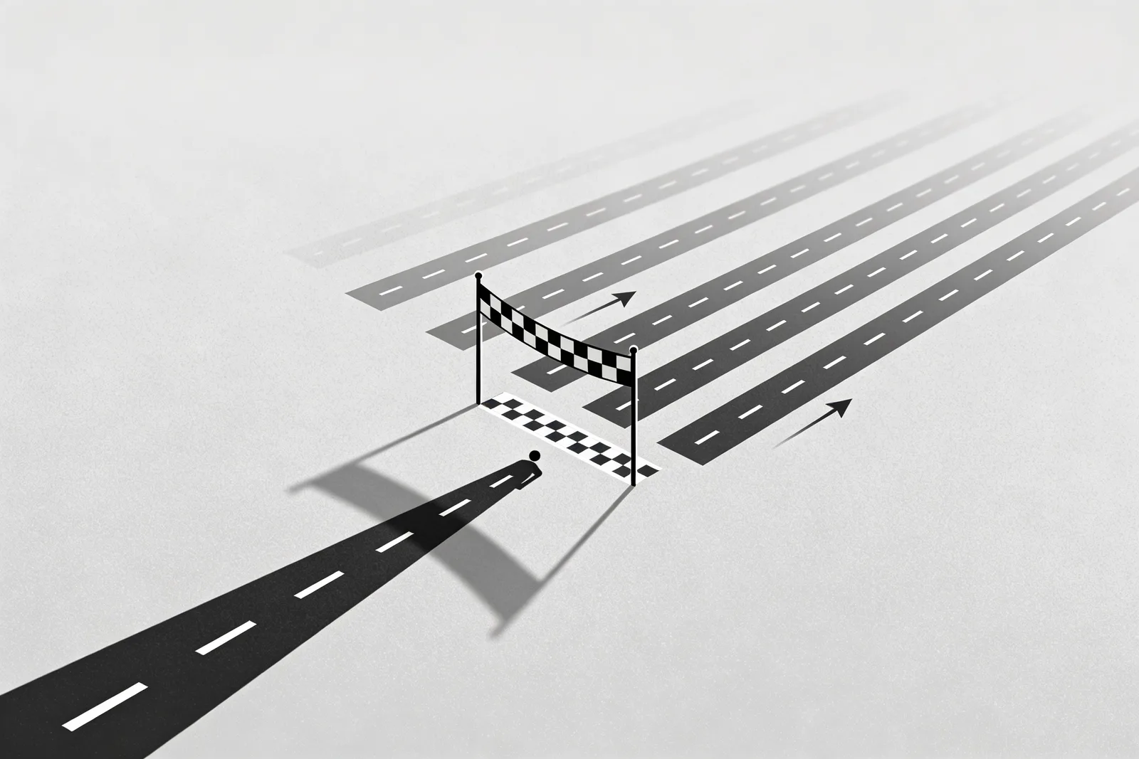 Stylized racing lanes with one lane pulling ahead casting a long shadow toward a finish-line gate, smaller upward arrows trailing behind the leading lanes — illustrating Turkey's position as the 4th fastest-growing e-commerce market globally through 2030