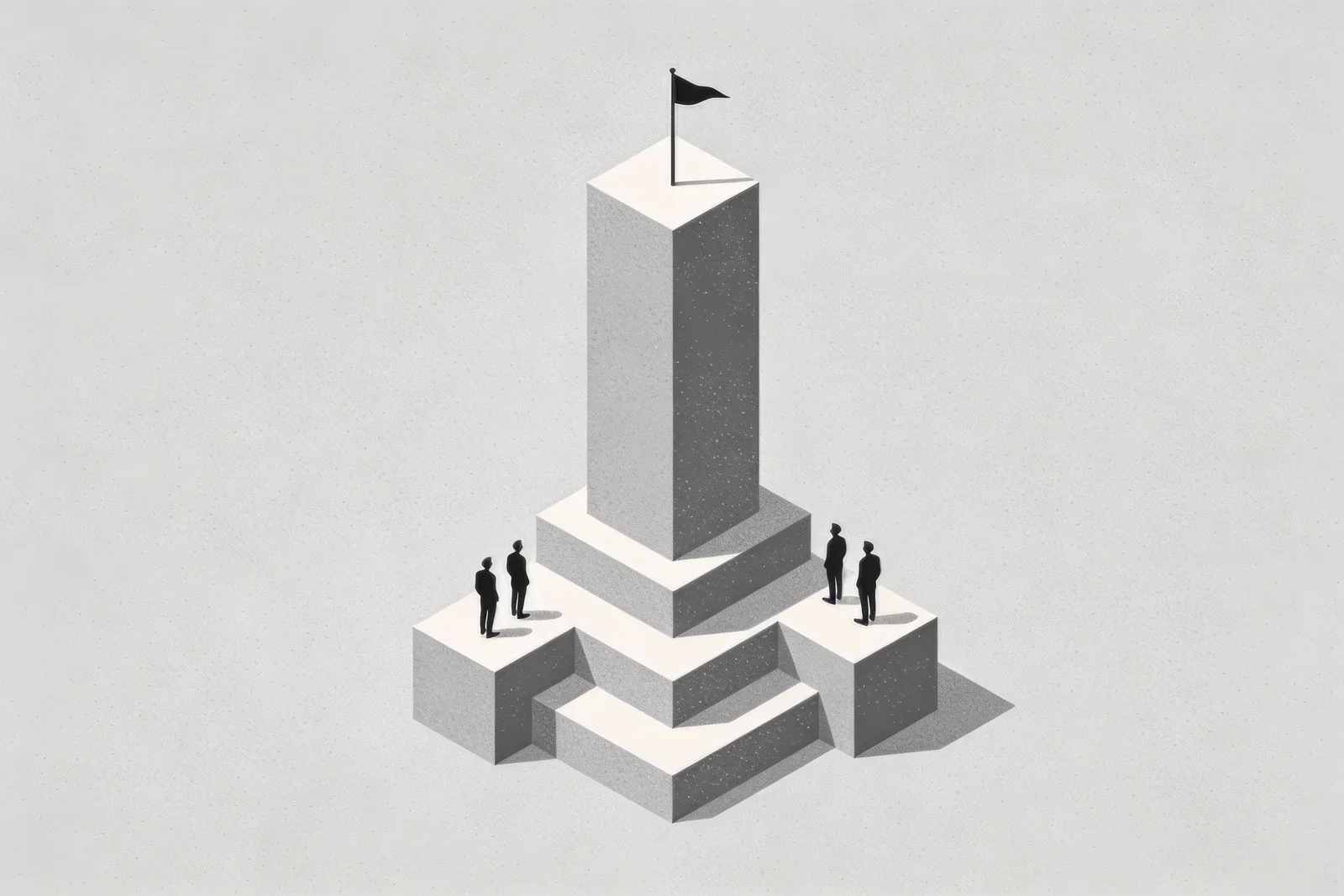 A three-tier podium where the center tier is dramatically taller than the side tiers and reaches near the top of the frame, a small flag at its peak and tiny figures on the shorter side tiers looking up — illustrating how Trendyol's net sales are 4.65× the #2 online store in Turkey