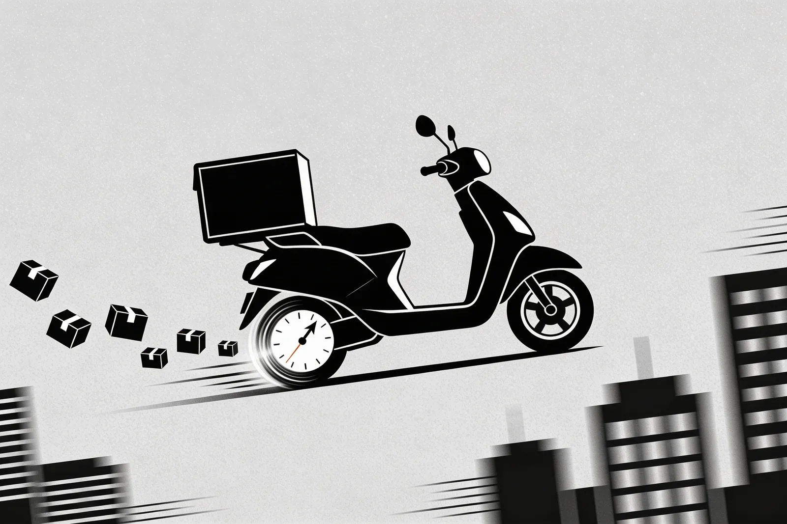 Delivery scooter in profile mid-motion with a trail of small parcels behind it, the front wheel transforming into an analog clock face with spinning hands, city silhouettes blurred into motion lines — illustrating the speed of Turkey's under-1-hour quick commerce category