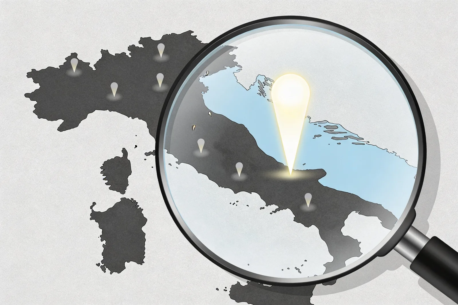 Magnifying glass hovering over a stylized country silhouette with one tall glowing pin marker at a coastal point and smaller dim markers scattered elsewhere — illustrating how a single province (Istanbul) concentrates 61.6% of Turkey's e-commerce sales volume