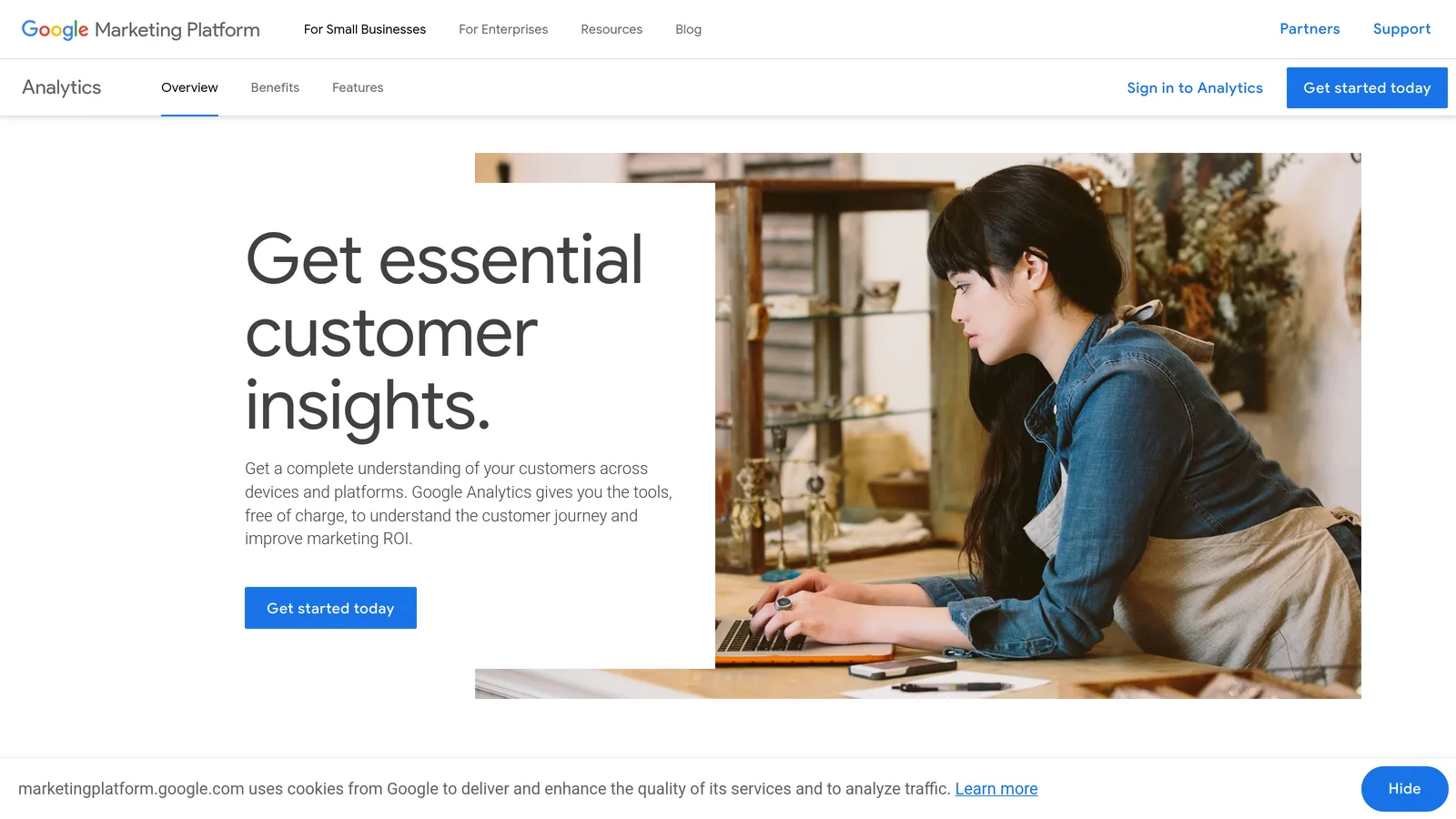 Google Marketing Platform Analytics homepage showing the free customer insights overview and sign-in options