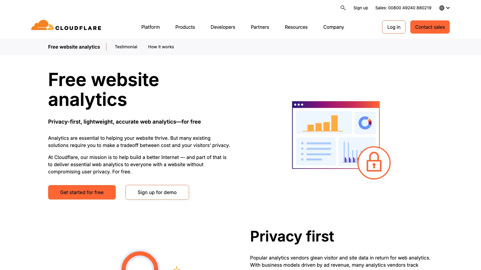 Cloudflare Web Analytics landing page advertising free privacy-first website analytics with a dashboard illustration