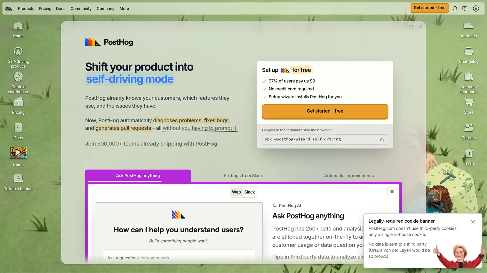 PostHog homepage showing its self-driving product positioning alongside a free setup panel and AI query interface