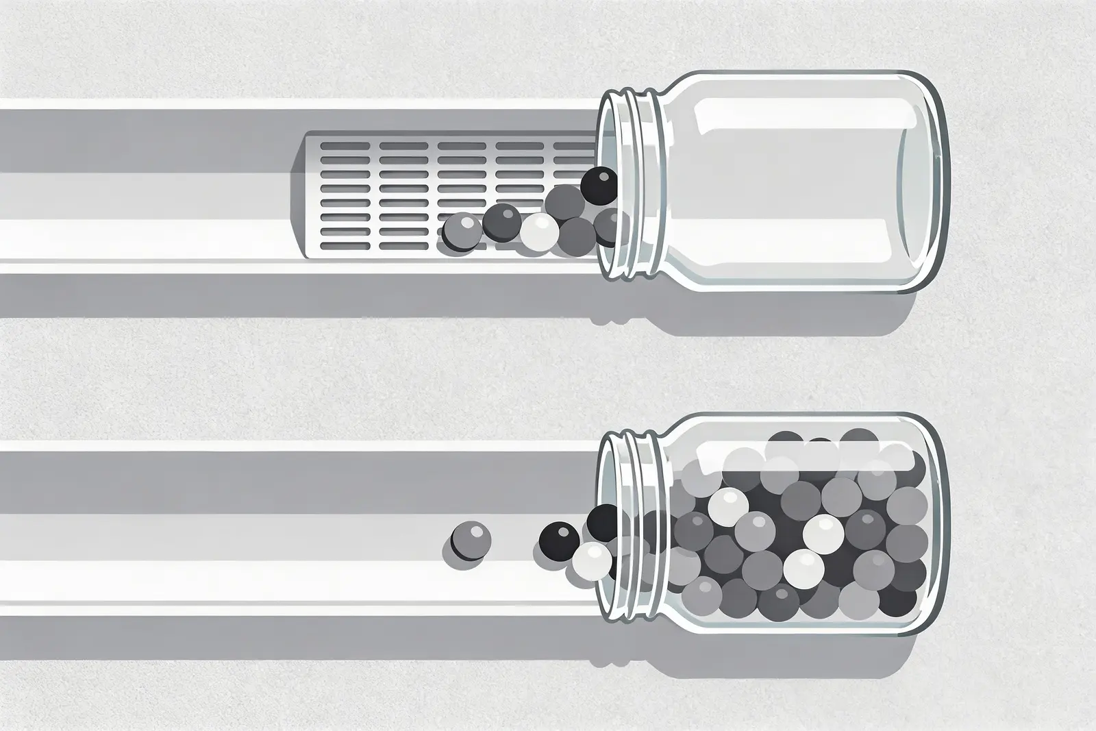 Two chutes feeding glass jars, the upper one blocked by a grate leaving its jar empty and the lower one running clear and filling its jar