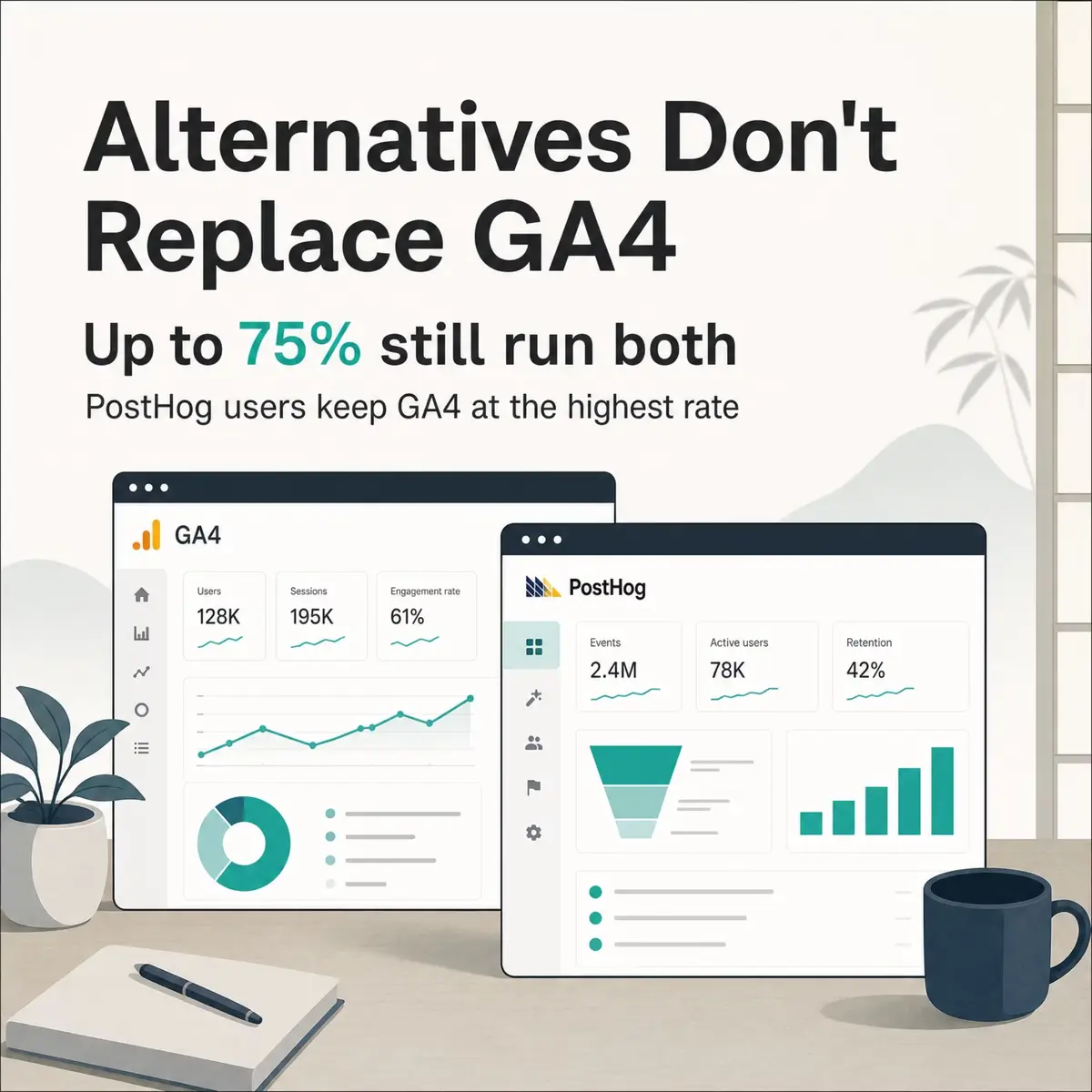 Summary card stating that up to 75 percent of sites running a Google Analytics alternative still run GA4