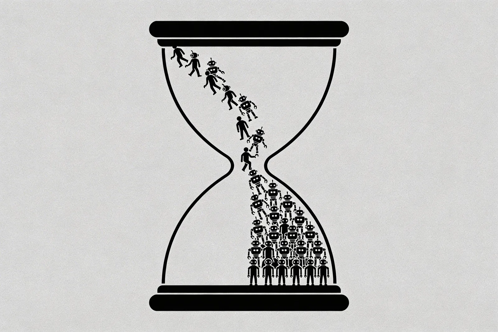 Hourglass with human figures flowing down from top while robot figures fill up from below, representing bots overtaking human traffic