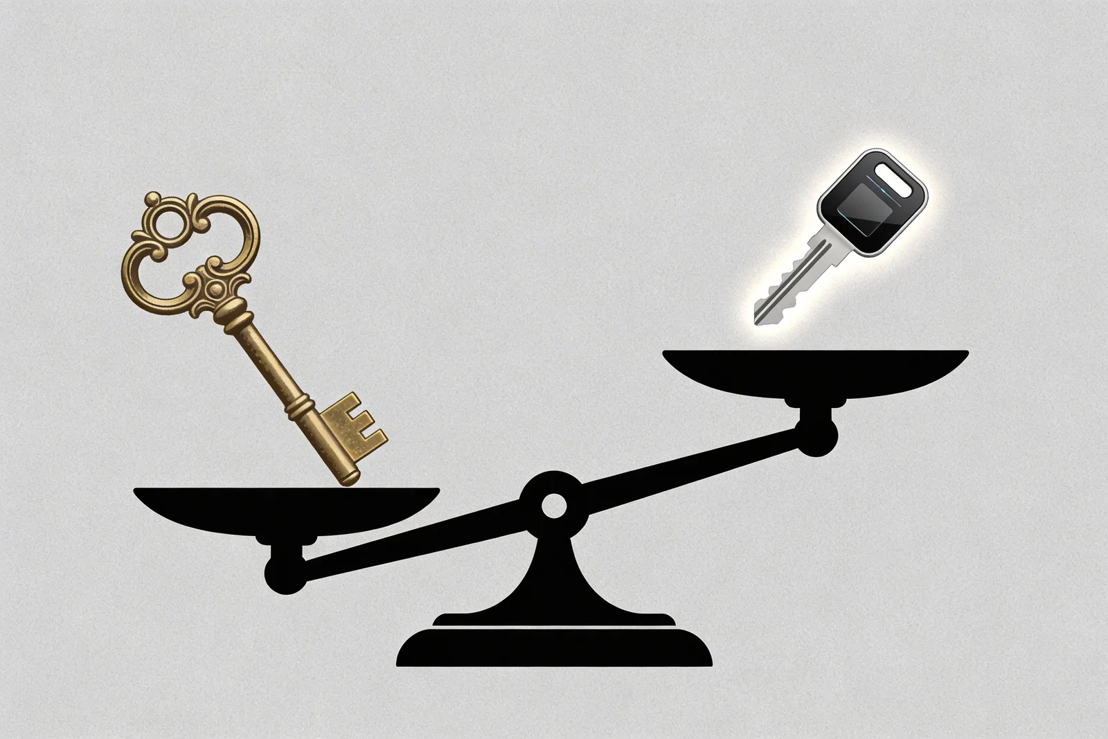 Balance scale with old RSA key tilting down and modern ECDSA key rising, representing the shift in SSL certificate algorithms