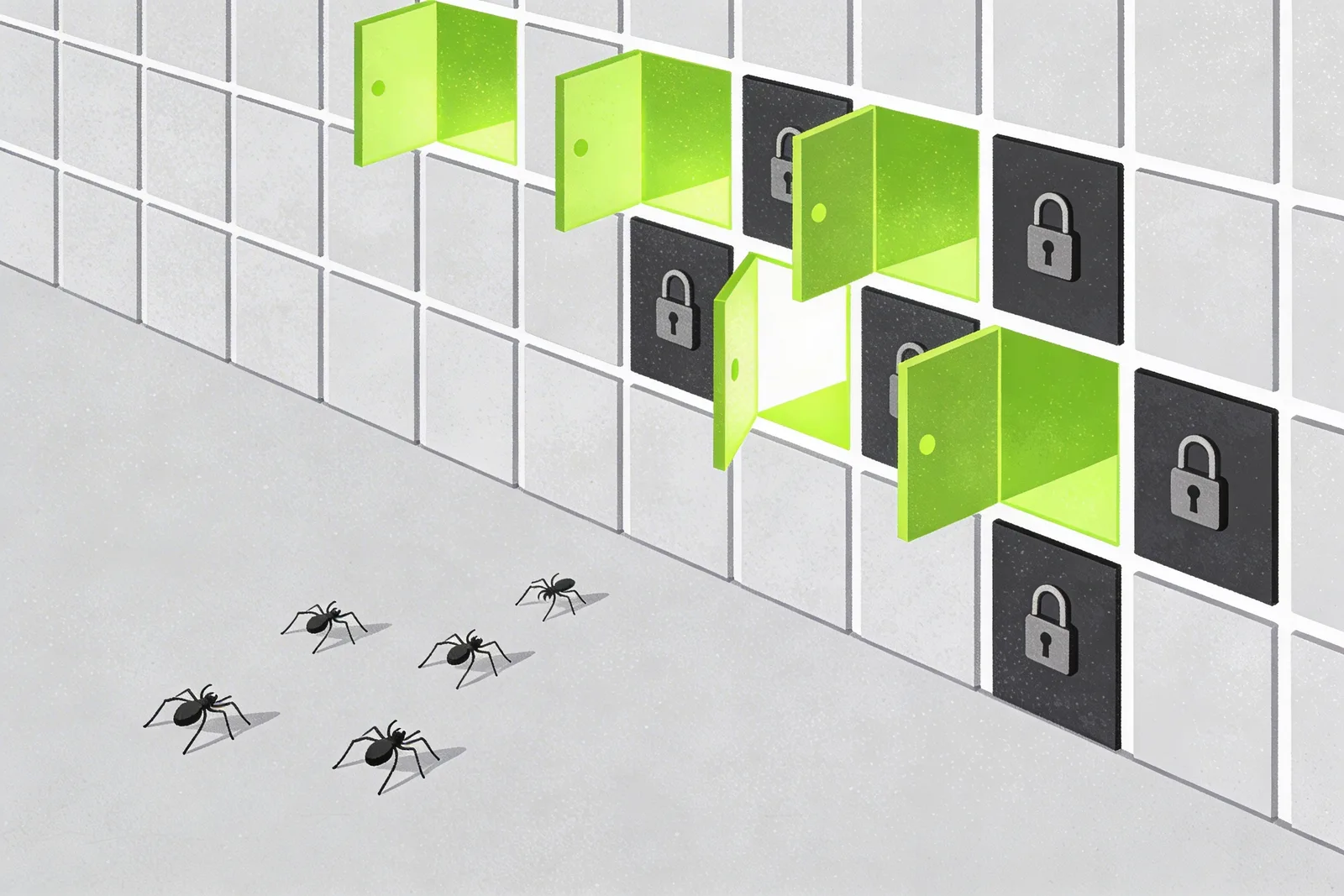 Wall of blocks with some glowing green and open while others are locked, representing robots.txt rules allowing or blocking AI crawlers