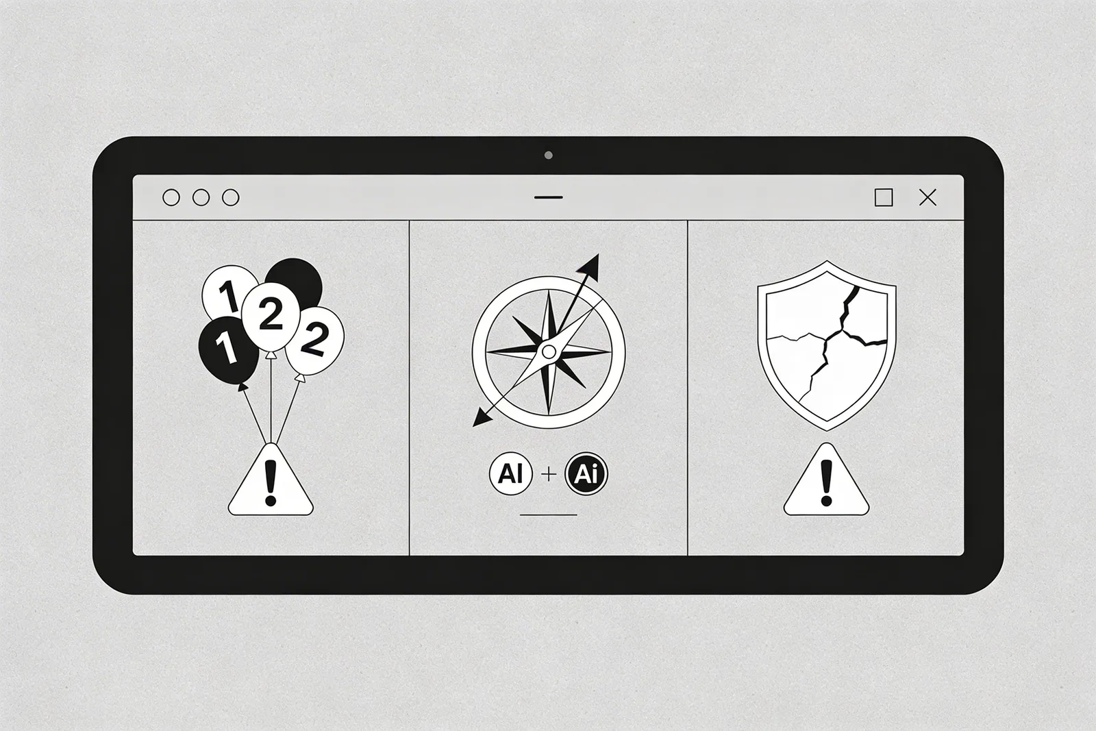 Split dashboard showing three warning panels for inflated traffic numbers, AI traffic shift, and security gaps affecting SaaS teams
