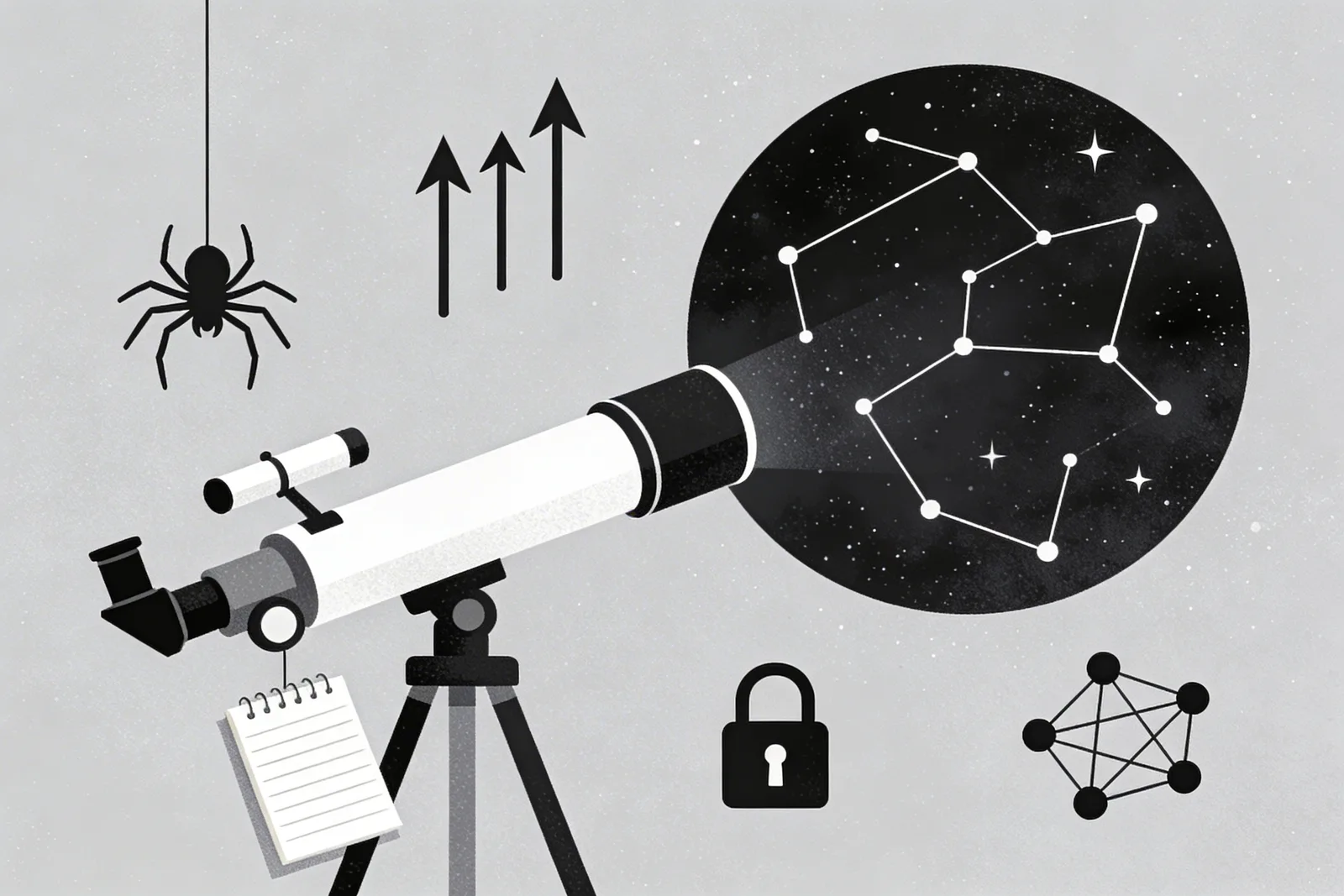 Telescope pointing at a night sky with constellation patterns shaped like rising arrows, a spider, a padlock, and network nodes