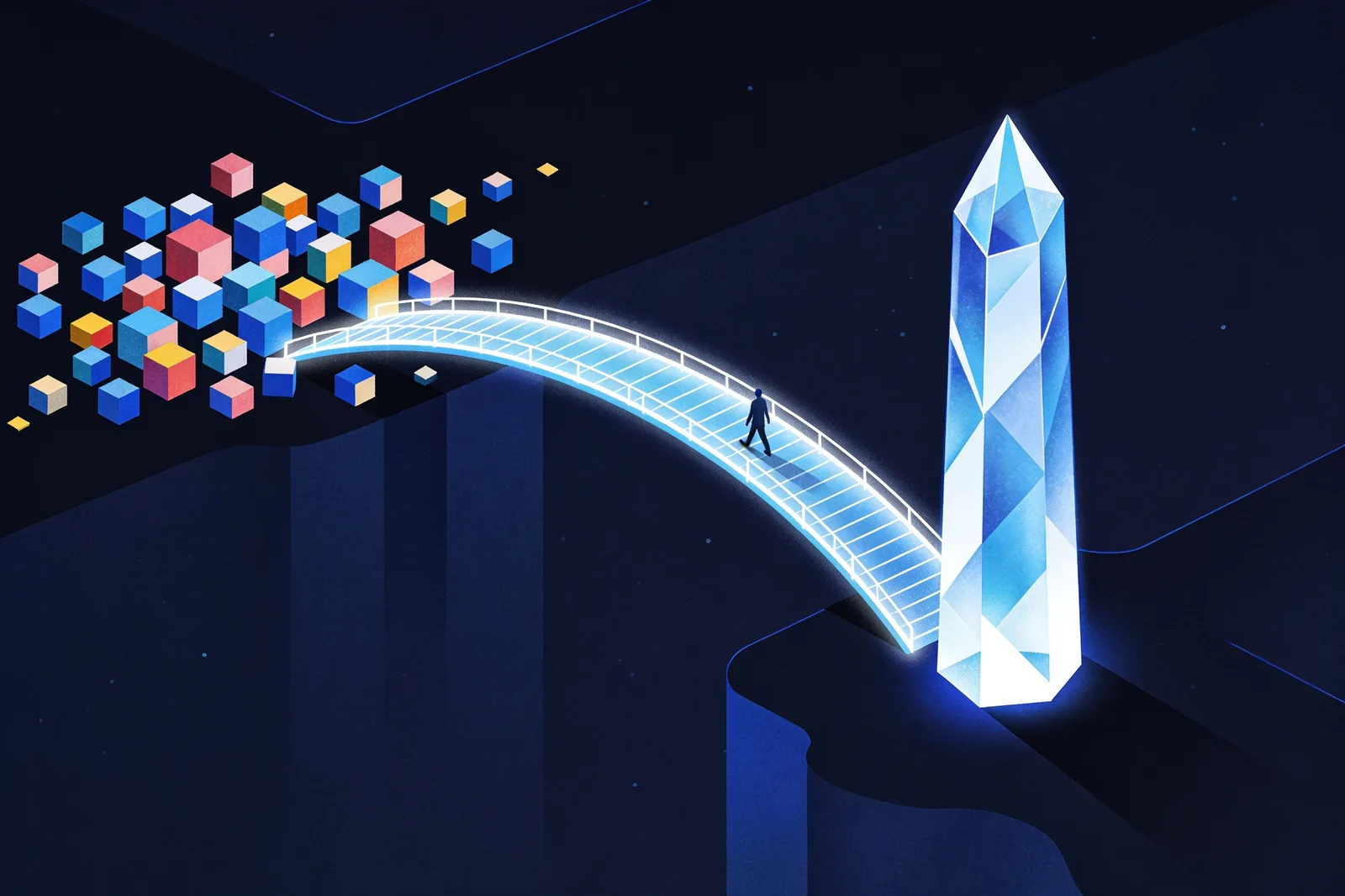 A glowing bridge from scattered blocks to a sleek crystalline tower with a figure crossing