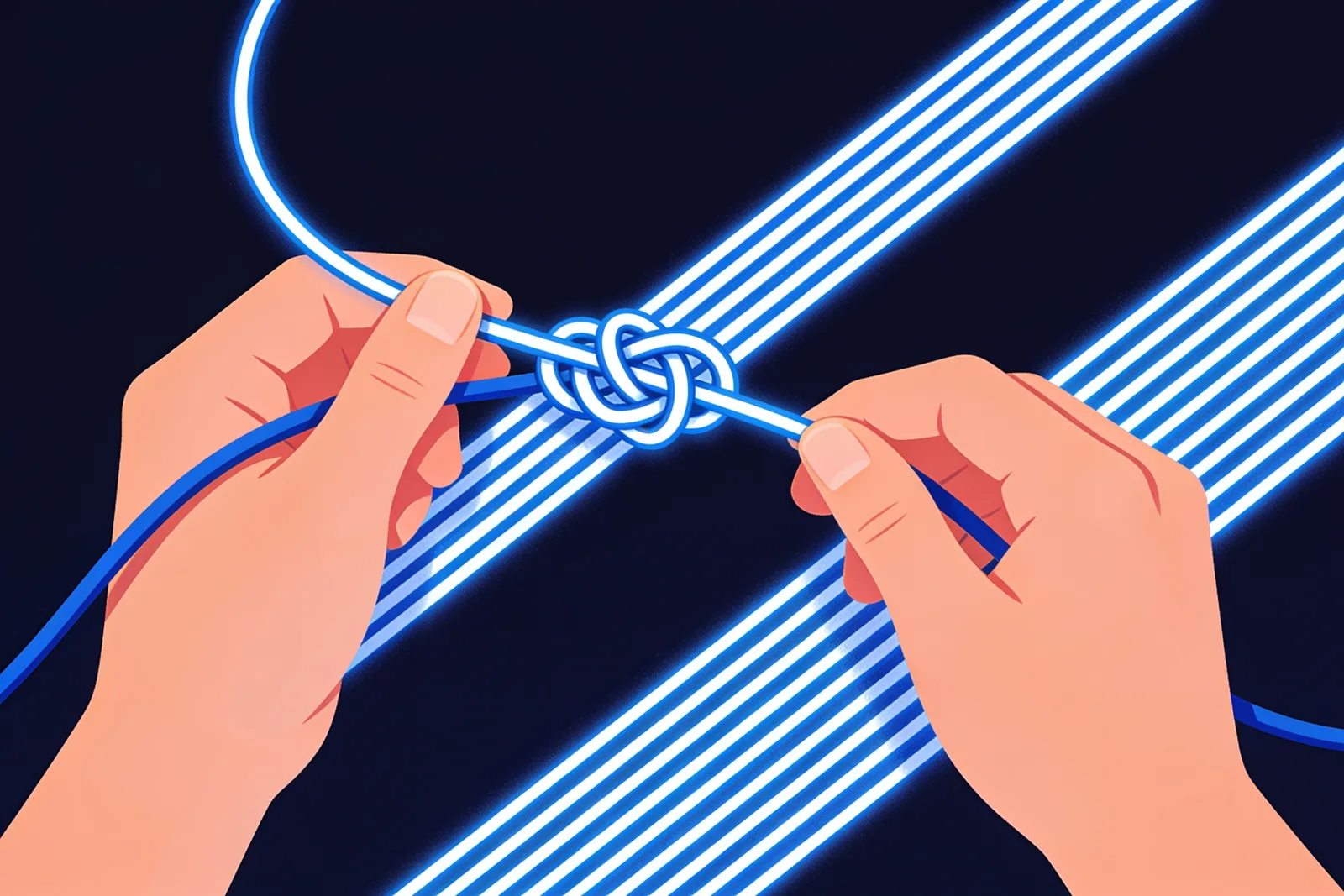Two hands untangling a knot of glowing cables into neat parallel lines
