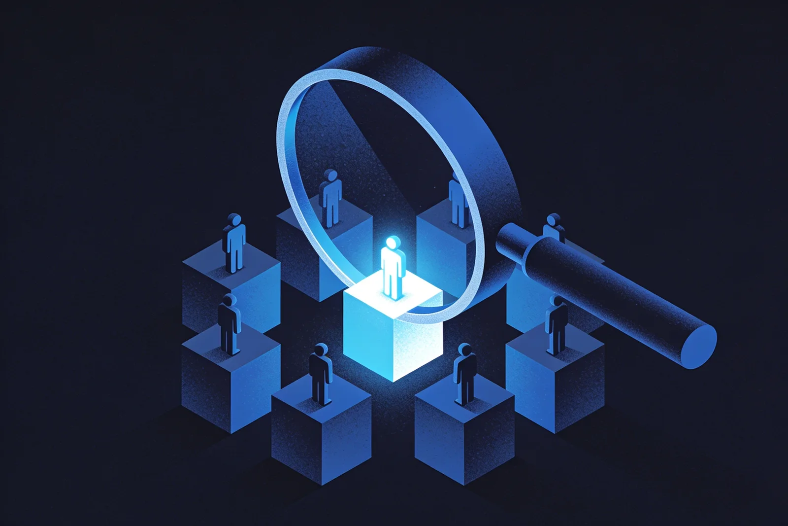A magnifying glass selecting one glowing figure among many candidate blocks