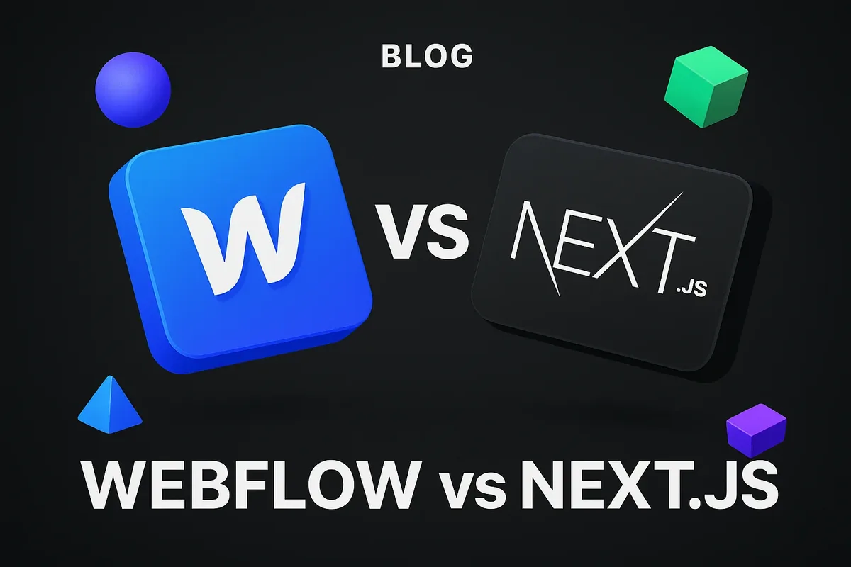 Webflow vs Next.js comparison graphic showing the Webflow and Next.js logos side by side