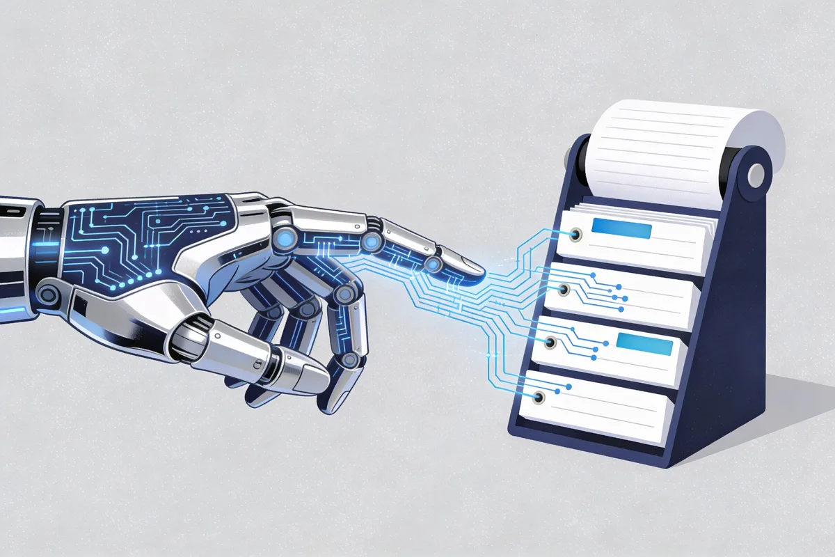 Robotic hand reaching toward a classic rolodex with digital circuit patterns flowing into the cards