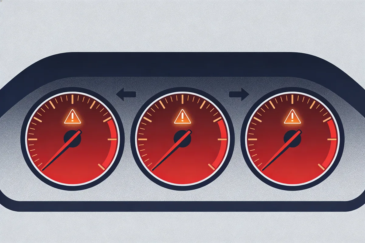 Dashboard gauges pointing into the red danger zone with warning triangle icons glowing above each gauge