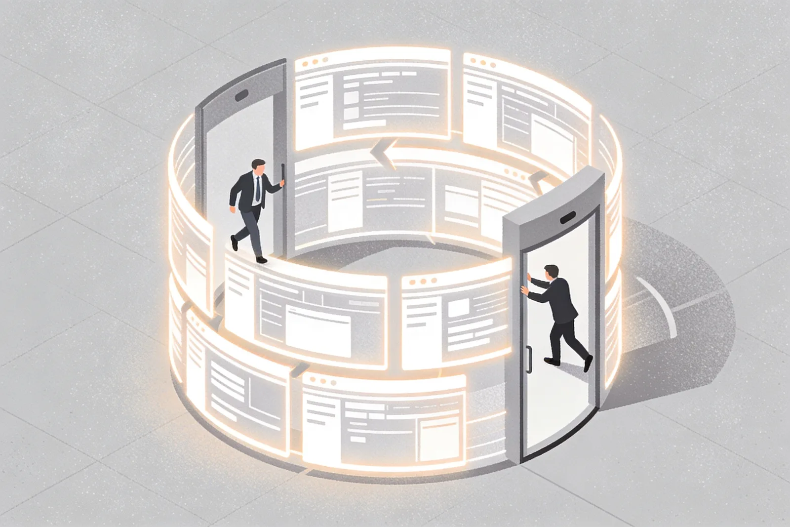 Revolving door of glowing CRM dashboards with business figures cycling through, illustrating the perpetual CRM switching churn loop
