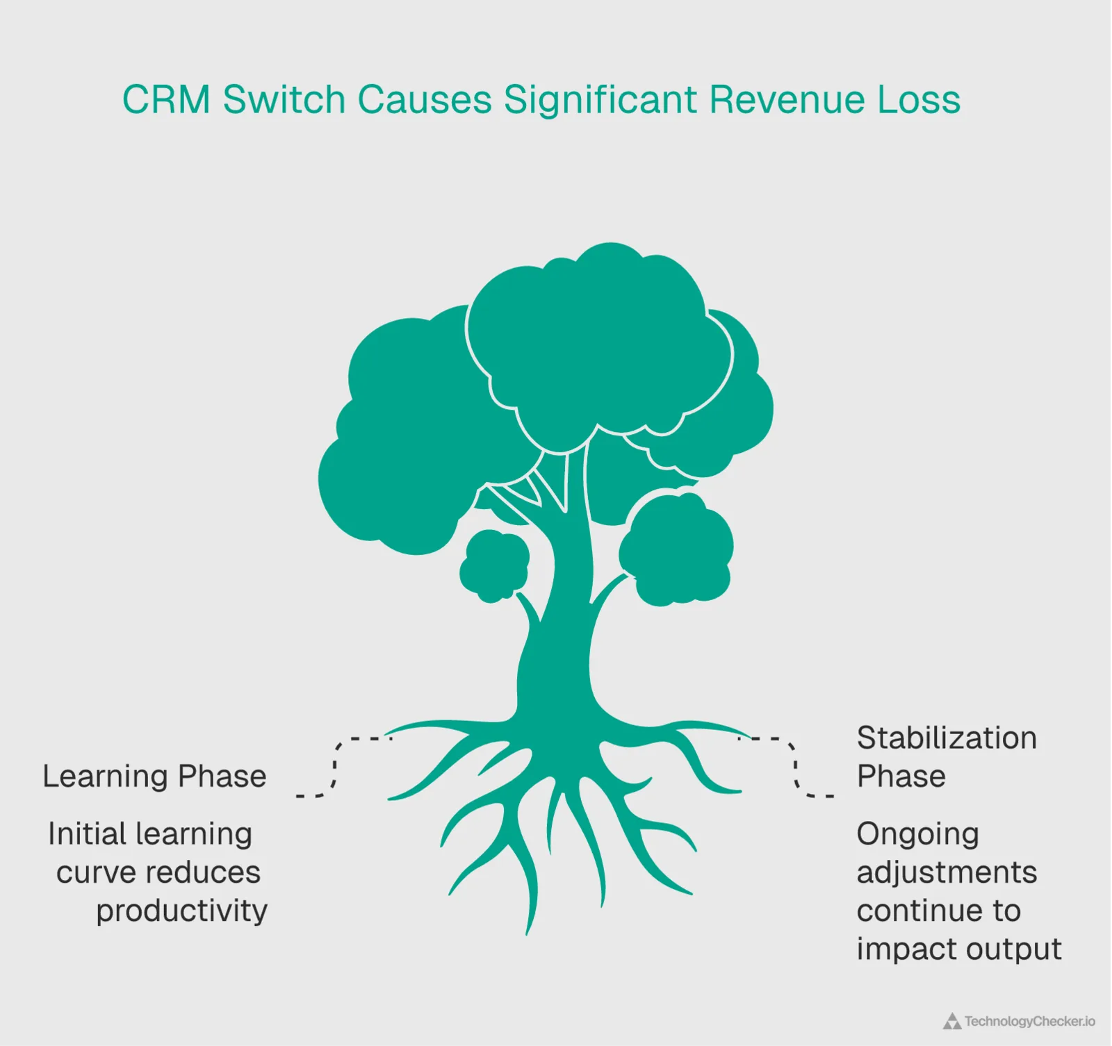 Fishbone diagram analyzing CRM switch productivity impact showing learning phase, training inadequacies, integration issues, and process adjustments leading to lost revenue during transition